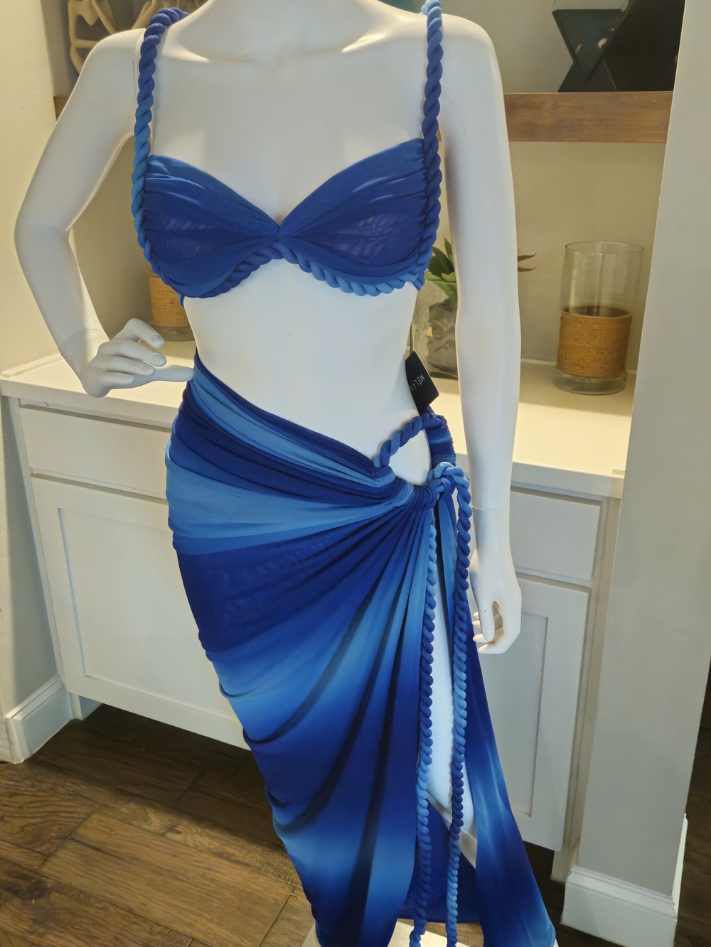 Blue Ombre Rope-Detail Bikini Bar Set with Sarong
